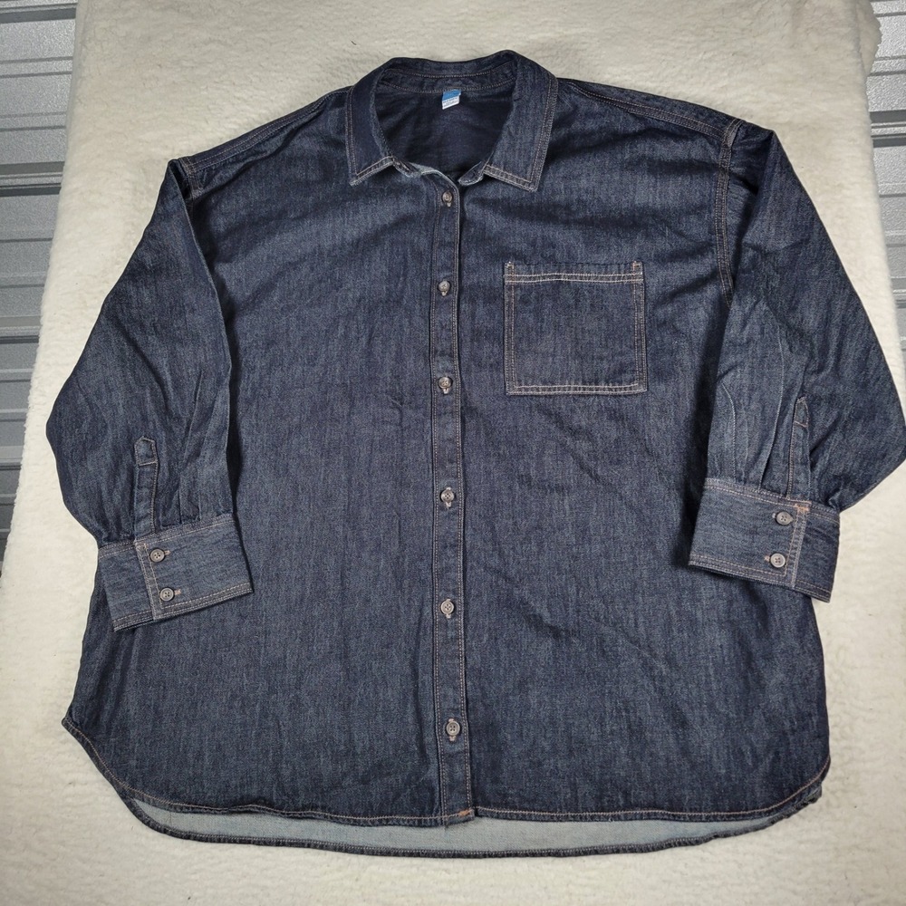 Old Navy Denim Shirt Women XXL Dark Wash Long Sleeve Button Down 509483-02-1